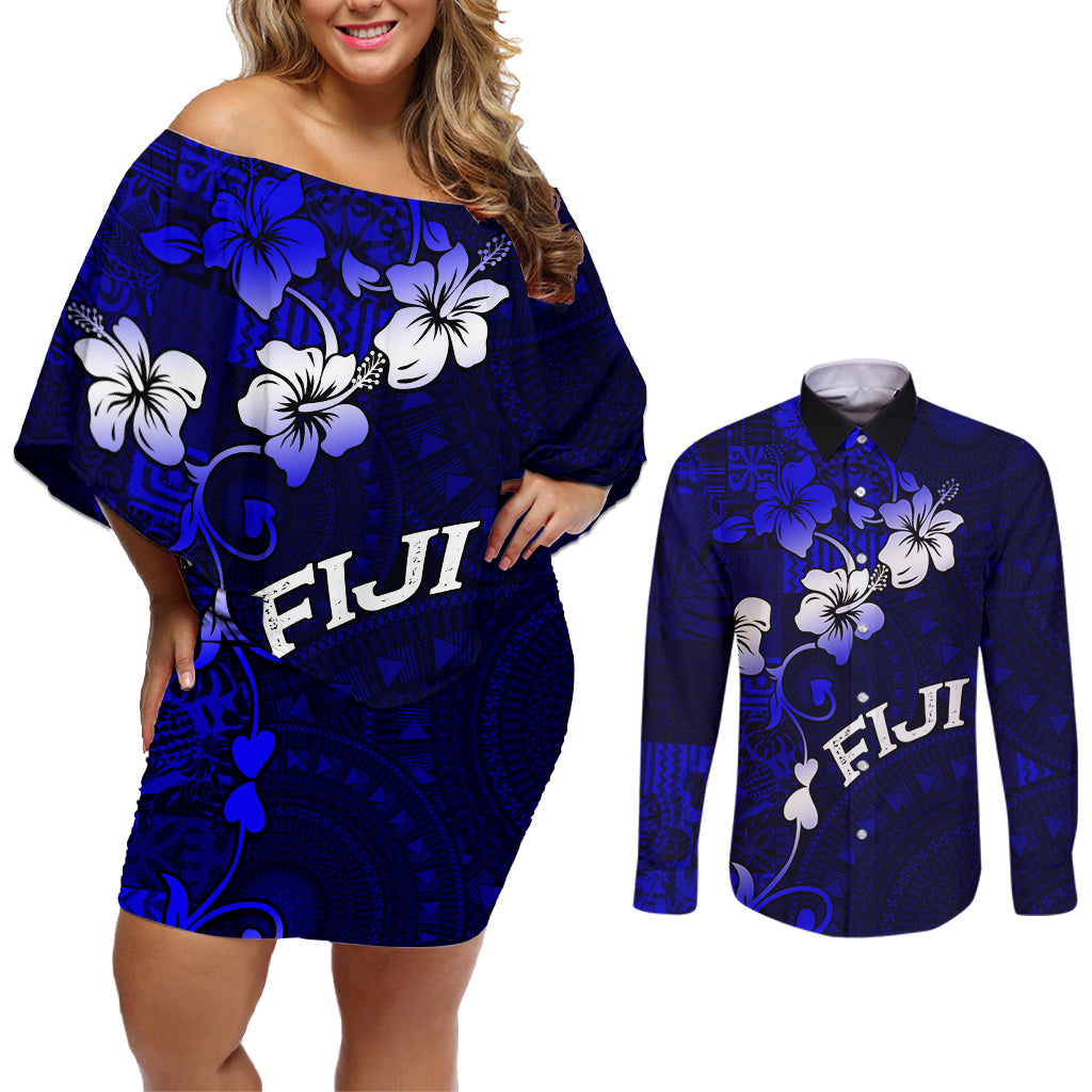 Fiji Masi Couples Matching Off Shoulder Short Dress and Long Sleeve Button Shirt Fijian Hibiscus Navy Blue Gold Version LT01 Blue - Polynesian Pride