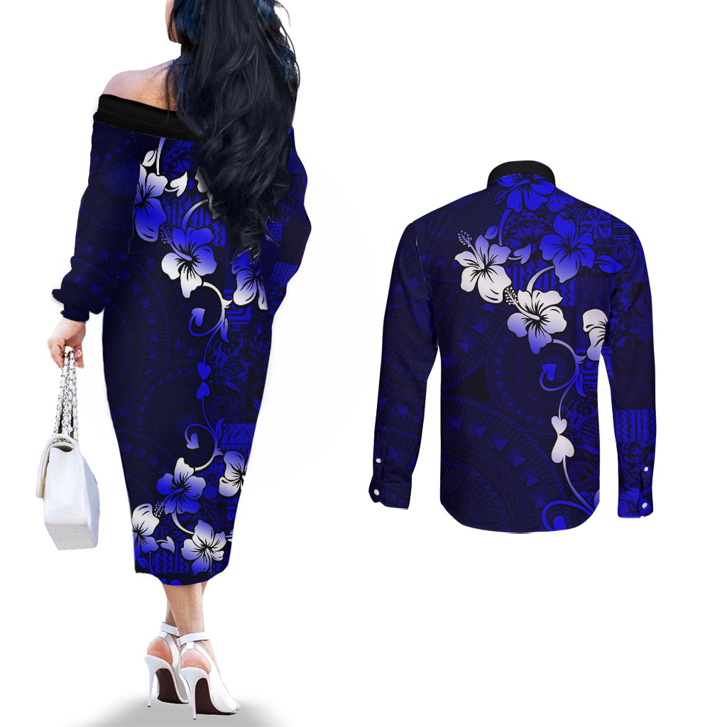 Fiji Masi Couples Matching Off The Shoulder Long Sleeve Dress and Long Sleeve Button Shirt Fijian Hibiscus Navy Blue Gold Version LT01 - Polynesian Pride