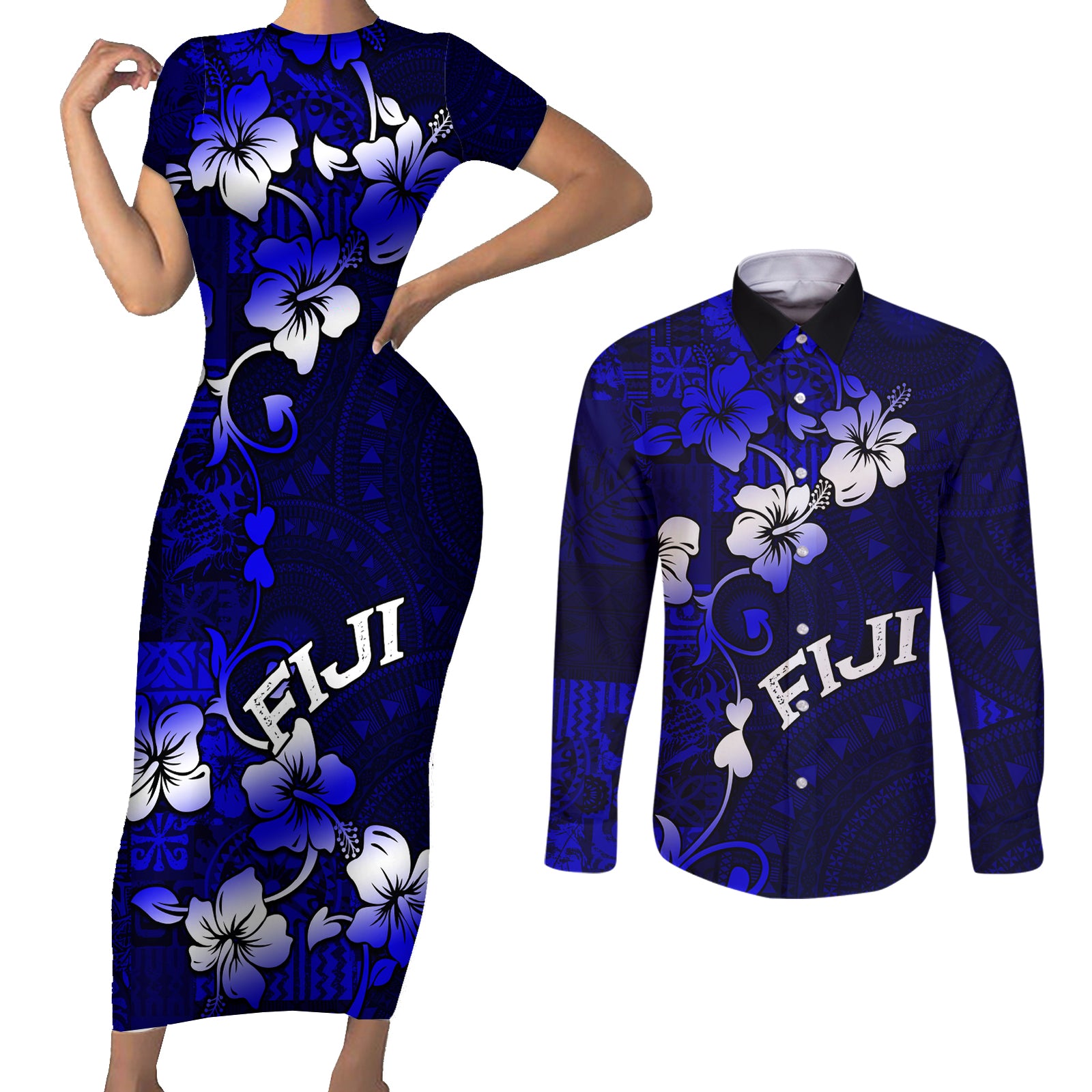 Fiji Masi Couples Matching Short Sleeve Bodycon Dress and Long Sleeve Button Shirt Fijian Hibiscus Navy Blue Gold Version LT01 Blue - Polynesian Pride