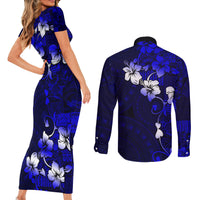 Fiji Masi Couples Matching Short Sleeve Bodycon Dress and Long Sleeve Button Shirt Fijian Hibiscus Navy Blue Gold Version LT01 - Polynesian Pride