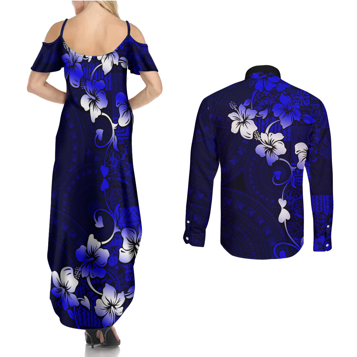 Fiji Masi Couples Matching Summer Maxi Dress and Long Sleeve Button Shirt Fijian Hibiscus Navy Blue Gold Version LT01 - Polynesian Pride