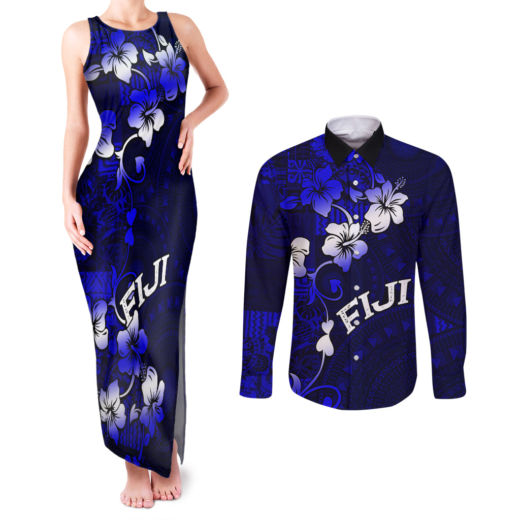 Fiji Masi Couples Matching Tank Maxi Dress and Long Sleeve Button Shirt Fijian Hibiscus Navy Blue Gold Version LT01 Blue - Polynesian Pride