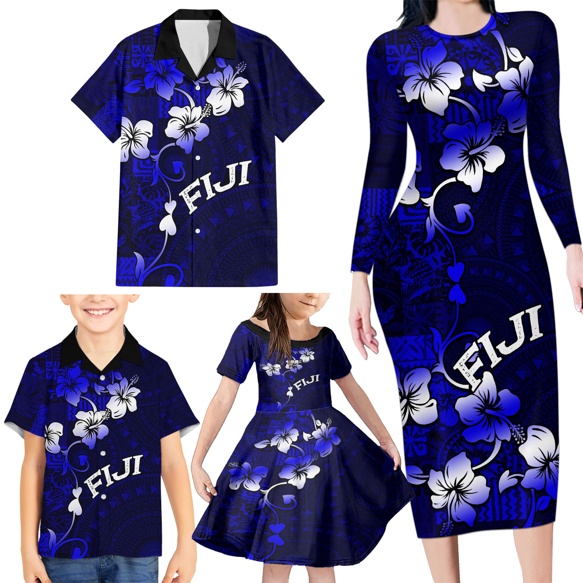 Fiji Masi Family Matching Long Sleeve Bodycon Dress and Hawaiian Shirt Fijian Hibiscus Navy Blue Gold Version LT01 - Polynesian Pride