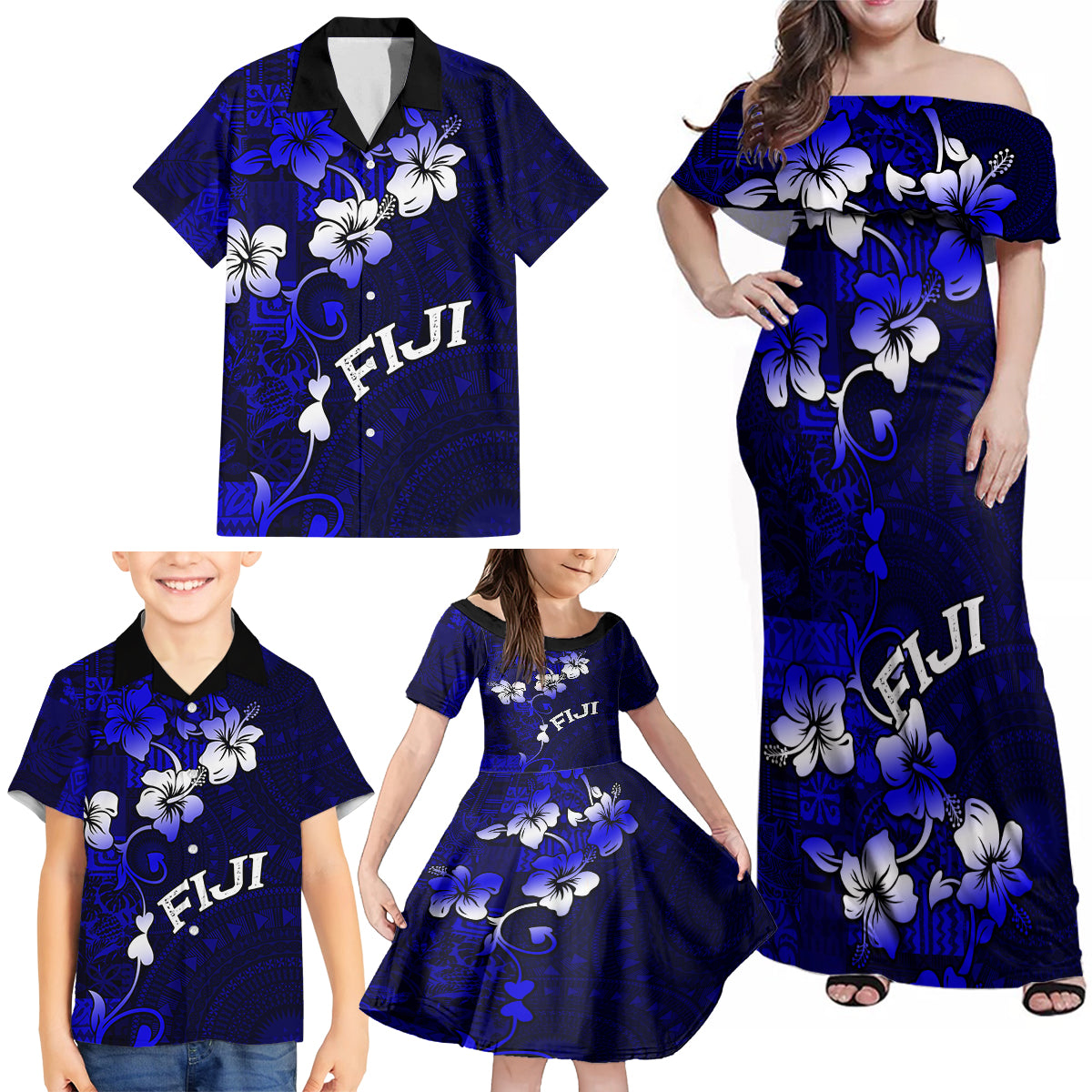 Fiji Masi Family Matching Off Shoulder Maxi Dress and Hawaiian Shirt Fijian Hibiscus Navy Blue Gold Version LT01 - Polynesian Pride