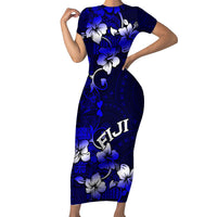 Fiji Masi Family Matching Short Sleeve Bodycon Dress and Hawaiian Shirt Fijian Hibiscus Navy Blue Gold Version LT01 Mom's Dress Blue - Polynesian Pride