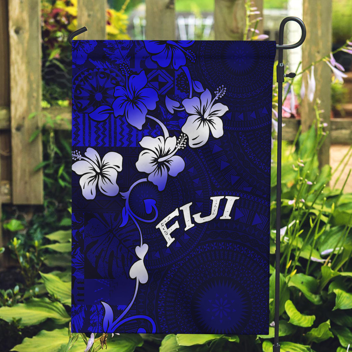 Fiji Masi Garden Flag Fijian Hibiscus Navy Blue Gold Version LT01 Garden Flag Blue - Polynesian Pride