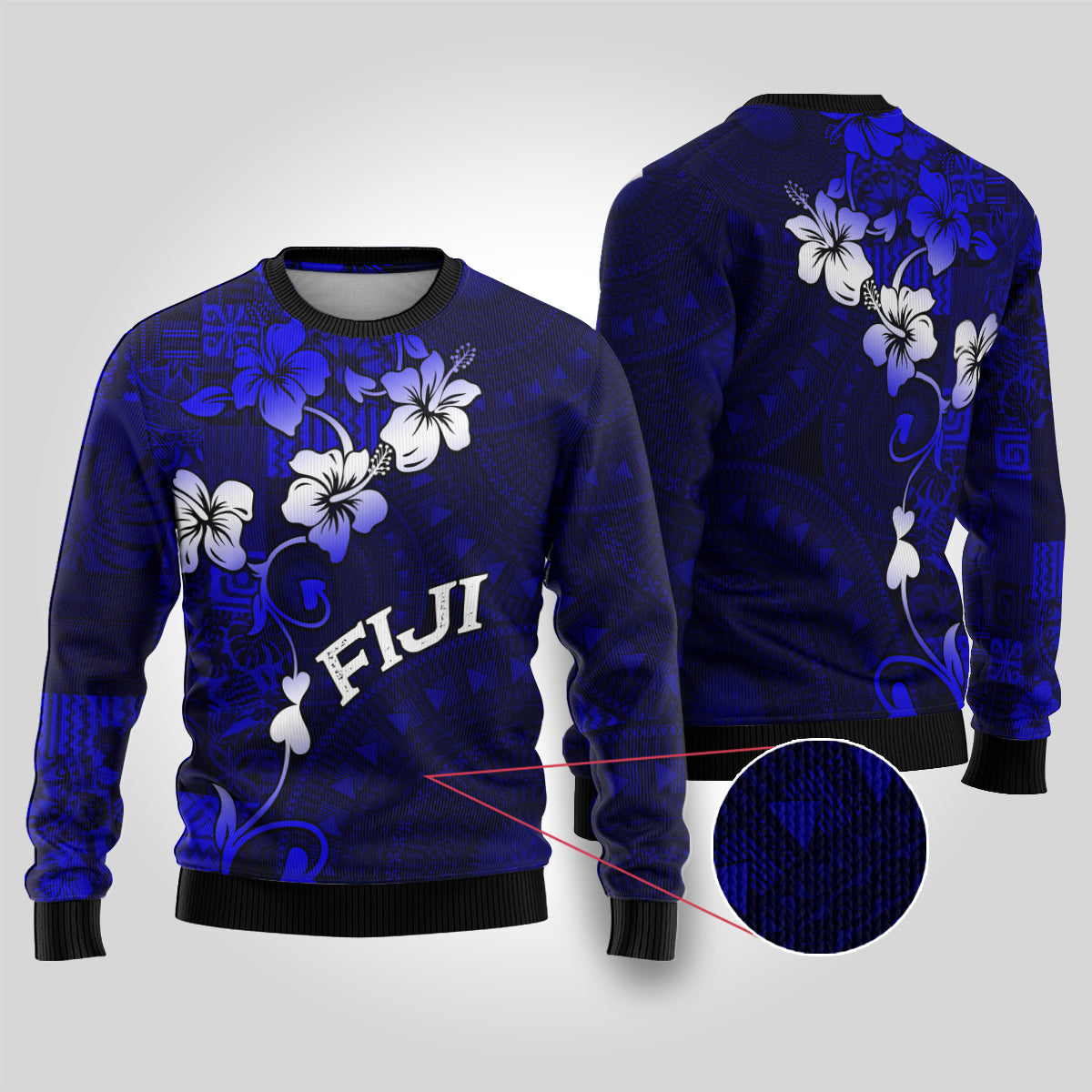 Fiji Masi Ugly Christmas Sweater Fijian Hibiscus Navy Blue Gold Version LT01 Blue - Polynesian Pride