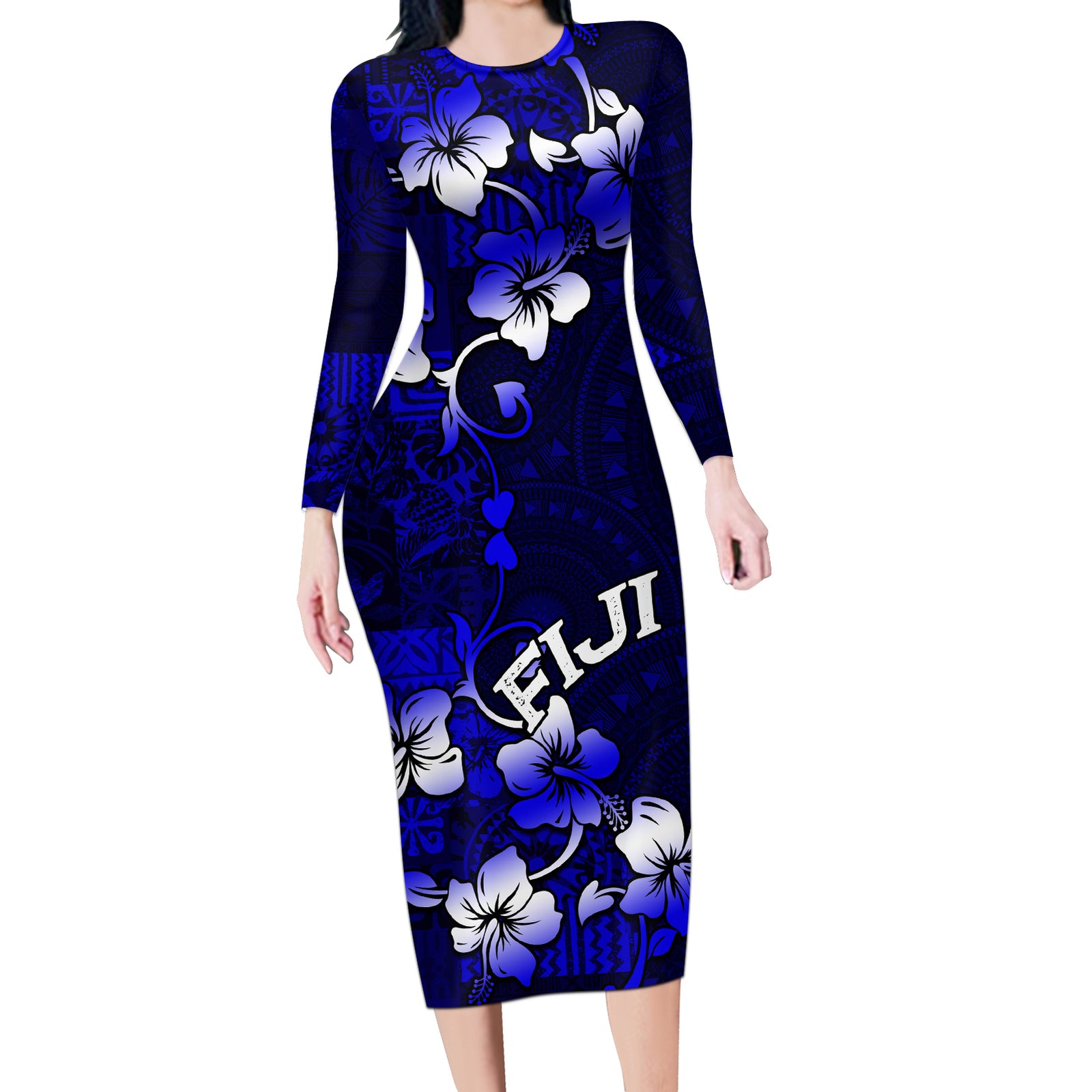 Fiji Masi Long Sleeve Bodycon Dress Fijian Hibiscus Navy Blue Gold Version LT01 Long Dress Blue - Polynesian Pride