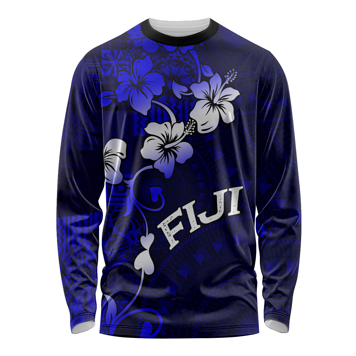 Fiji Masi Long Sleeve Shirt Fijian Hibiscus Navy Blue Gold Version LT01 Unisex Blue - Polynesian Pride