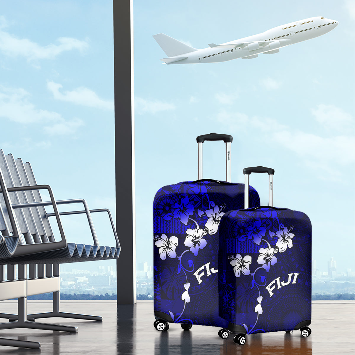 Fiji Masi Luggage Cover Fijian Hibiscus Navy Blue Gold Version LT01 - Polynesian Pride