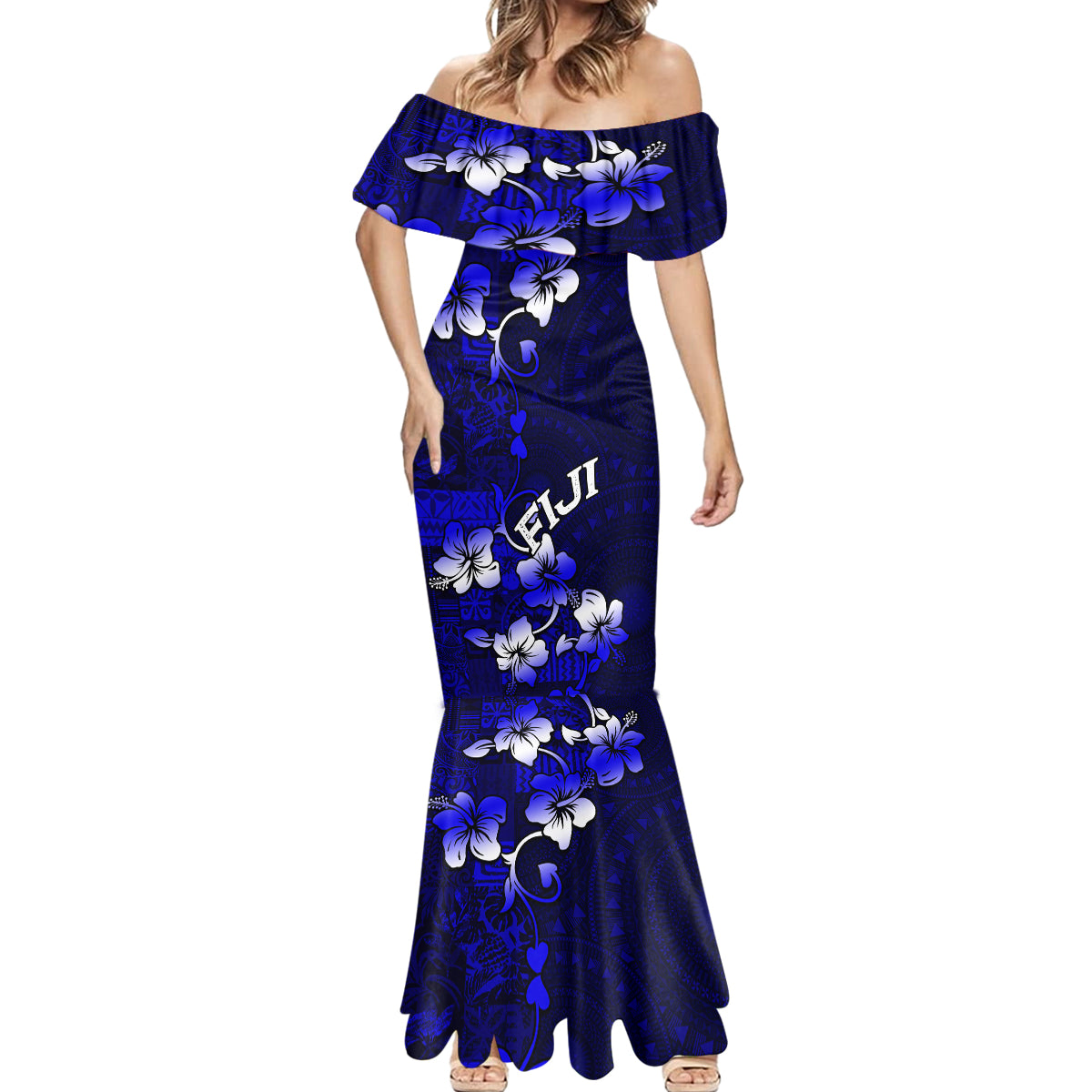 Fiji Masi Mermaid Dress Fijian Hibiscus Navy Blue Gold Version LT01 - Polynesian Pride