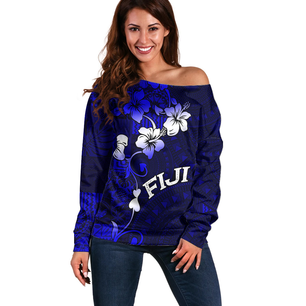 Fiji Masi Off Shoulder Sweater Fijian Hibiscus Navy Blue Gold Version LT01 Women Blue - Polynesian Pride