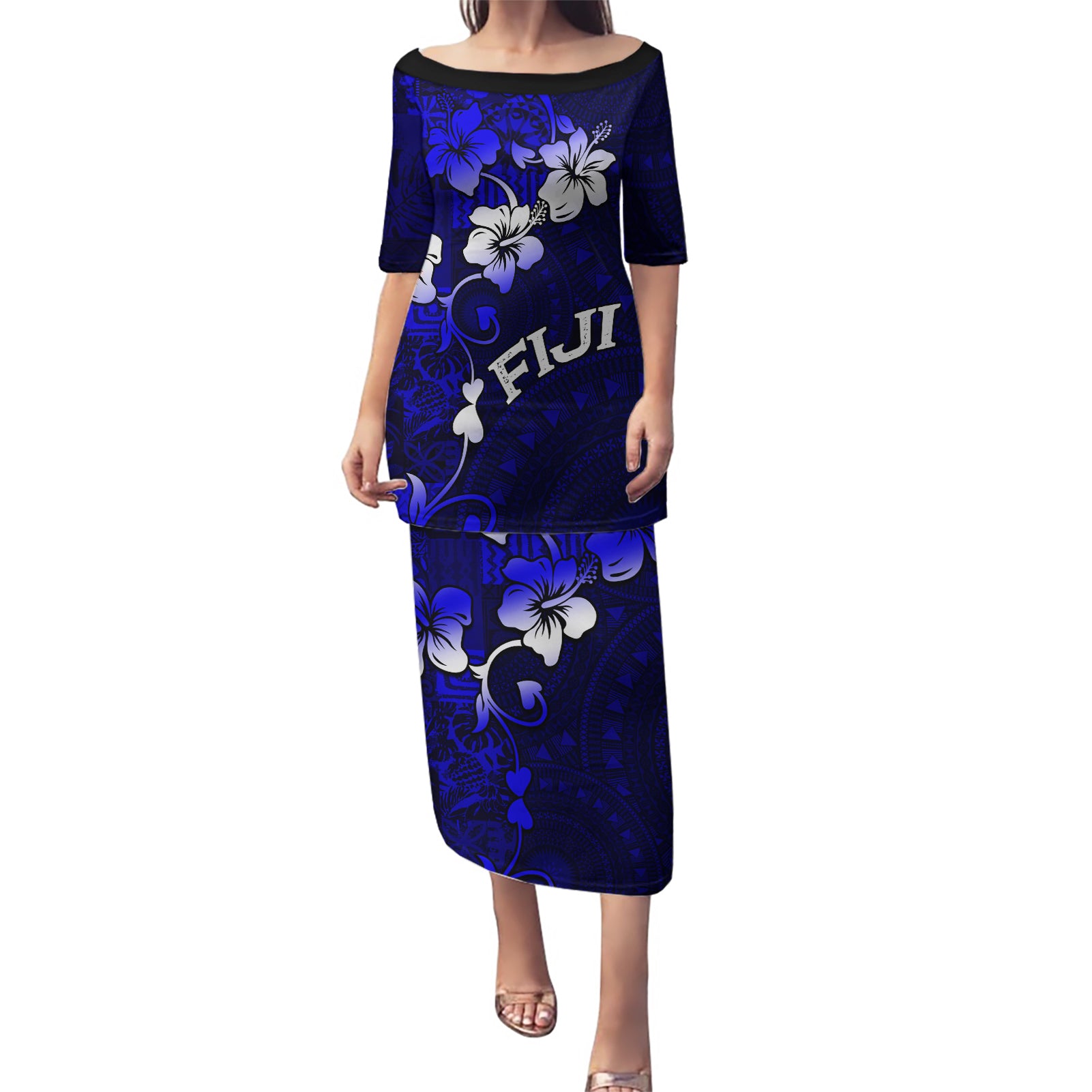 Fiji Masi Puletasi Fijian Hibiscus Navy Blue Gold Version LT01 Long Dress Blue - Polynesian Pride