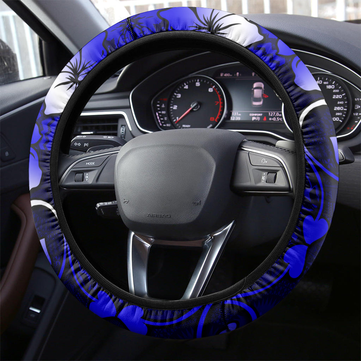 Fiji Masi Steering Wheel Cover Fijian Hibiscus Navy Blue Gold Version