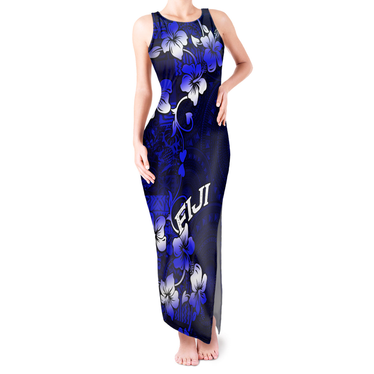 Fiji Masi Tank Maxi Dress Fijian Hibiscus Navy Blue Gold Version LT01 Women Blue - Polynesian Pride