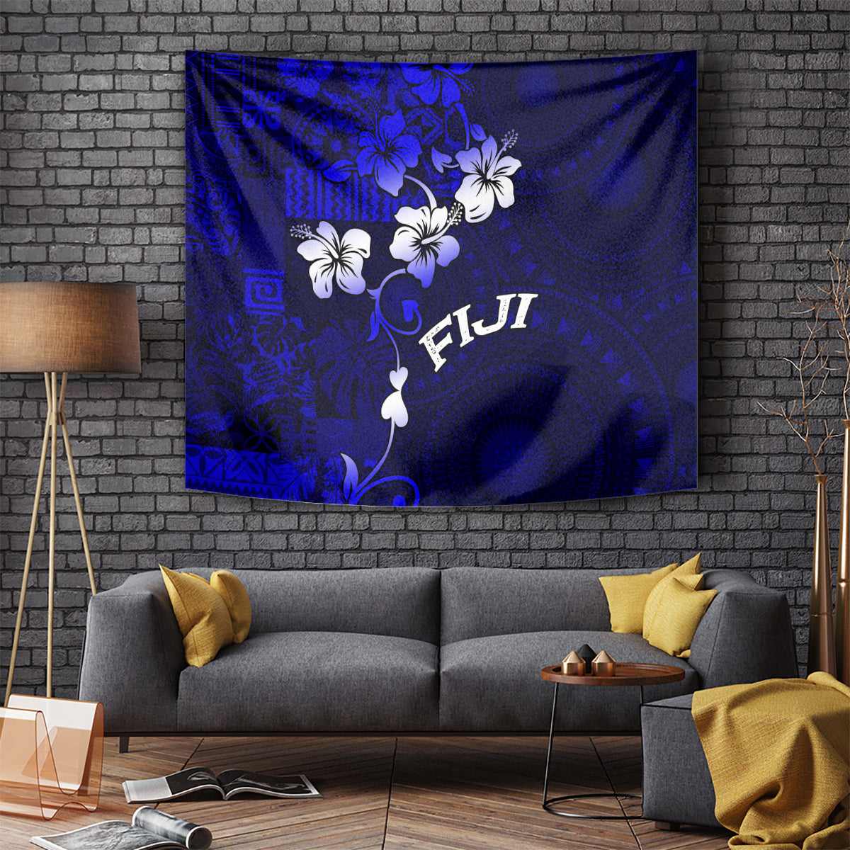 Fiji Masi Tapestry Fijian Hibiscus Navy Blue Gold Version LT01 Blue - Polynesian Pride