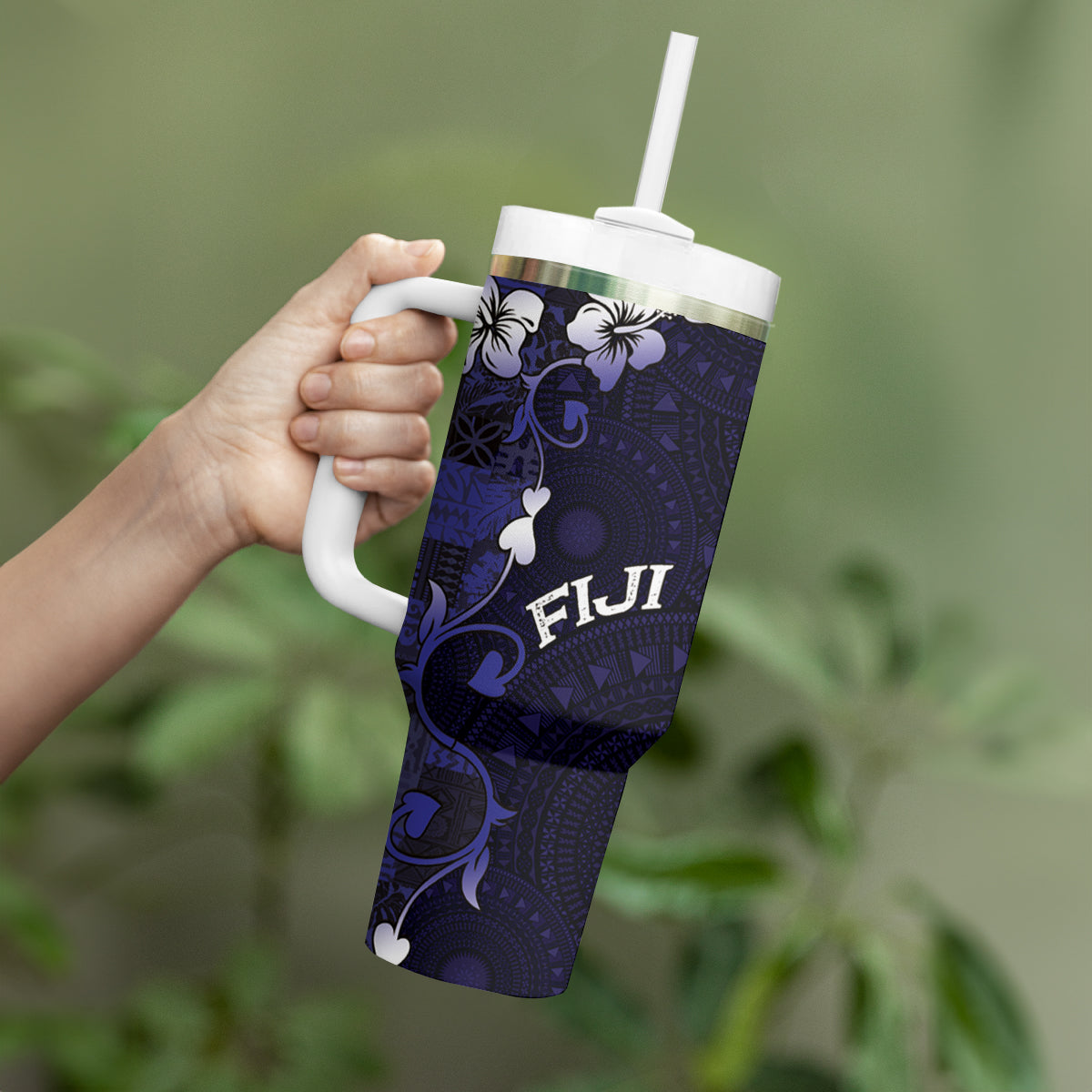 Fiji Masi Tumbler With Handle Fijian Hibiscus Tapa Navy Blue Version