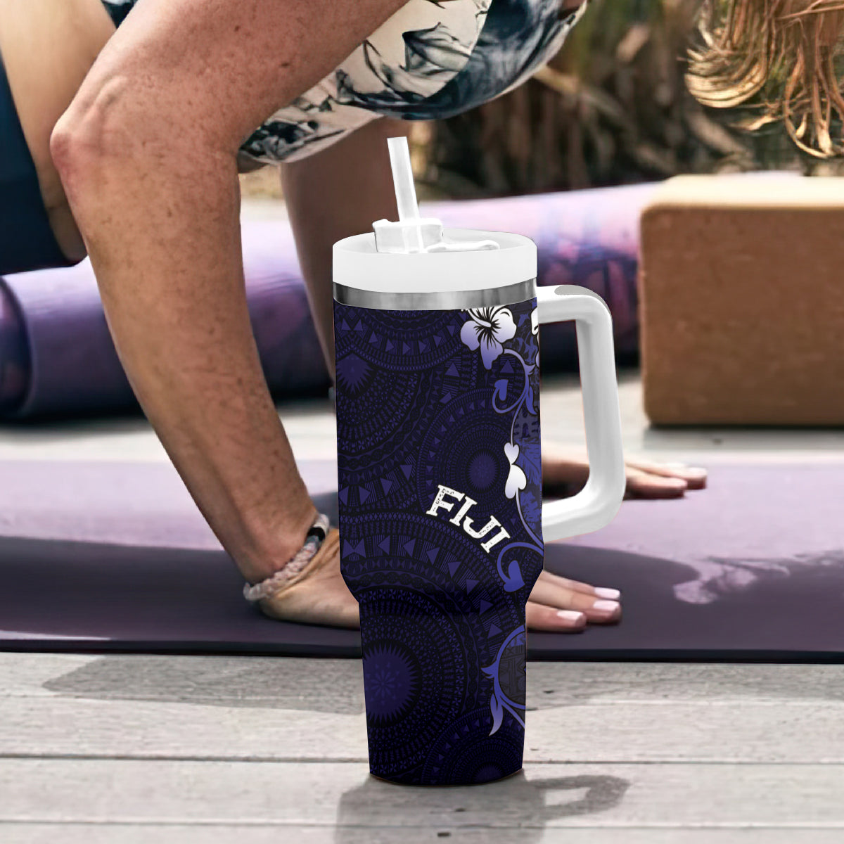 Fiji Masi Tumbler With Handle Fijian Hibiscus Tapa Navy Blue Version