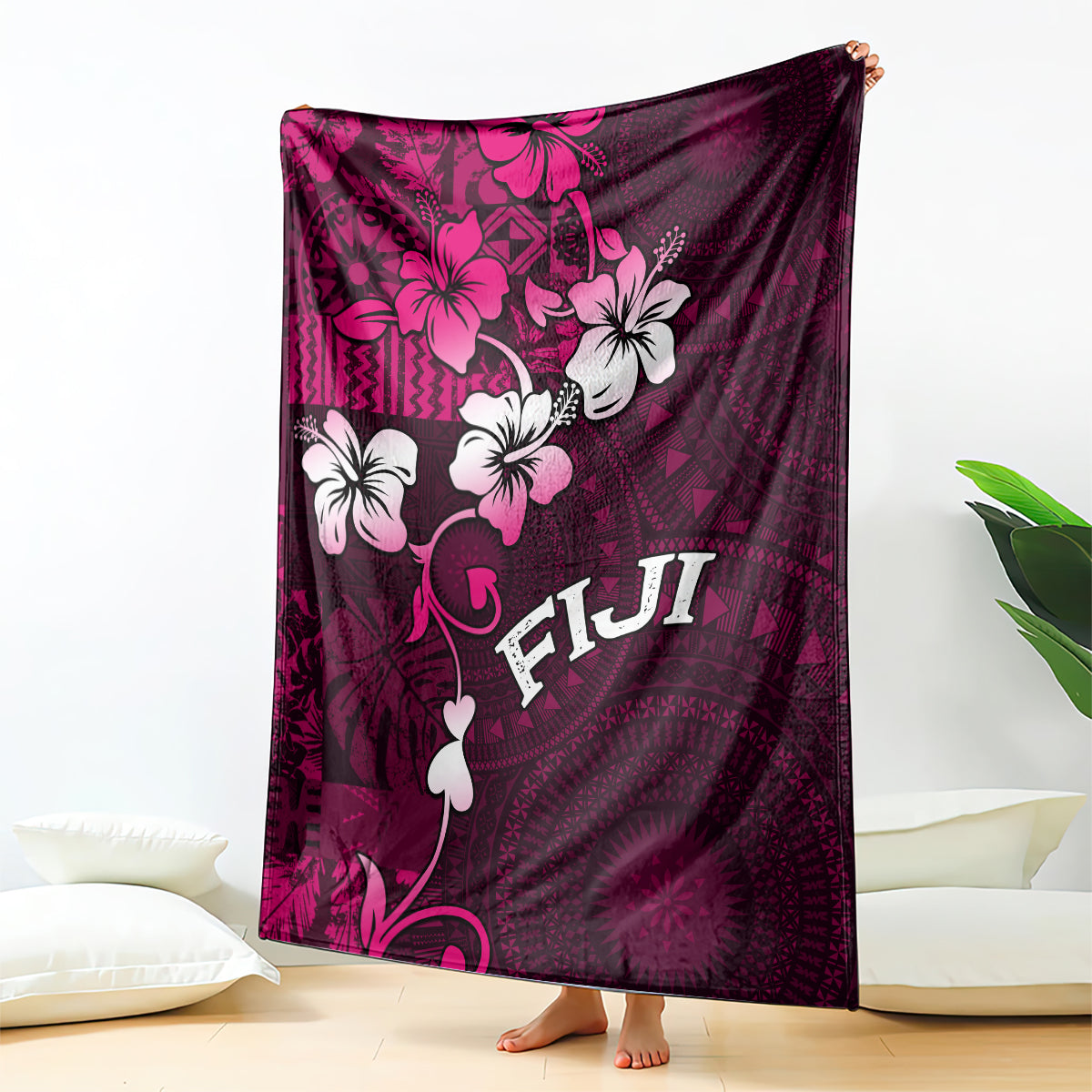 Fiji Masi Blanket Fijian Hibiscus Tapa Pink Version LT01 Pink - Polynesian Pride