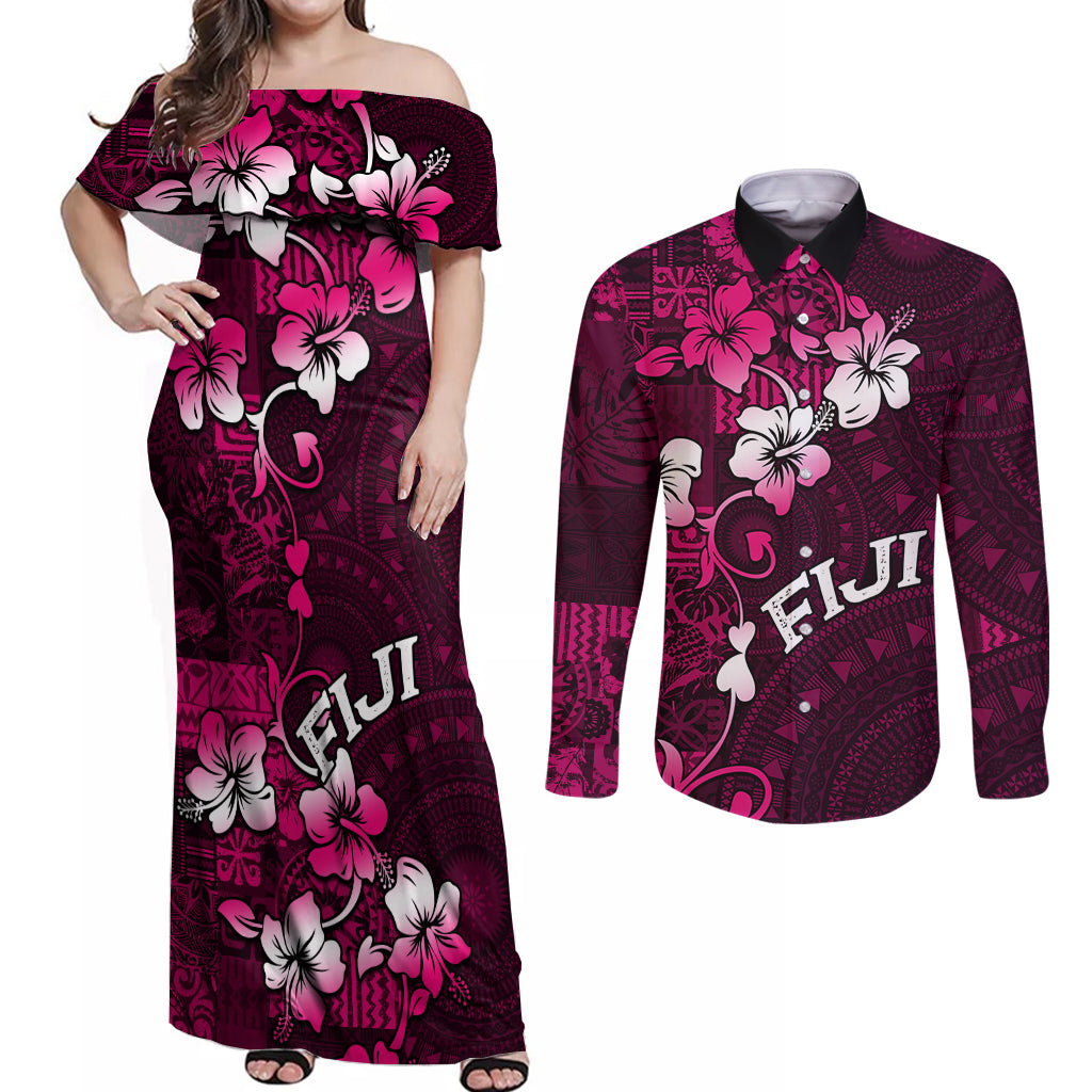 Fiji Masi Couples Matching Off Shoulder Maxi Dress and Long Sleeve Button Shirt Fijian Hibiscus Tapa Pink Version LT01 Pink - Polynesian Pride