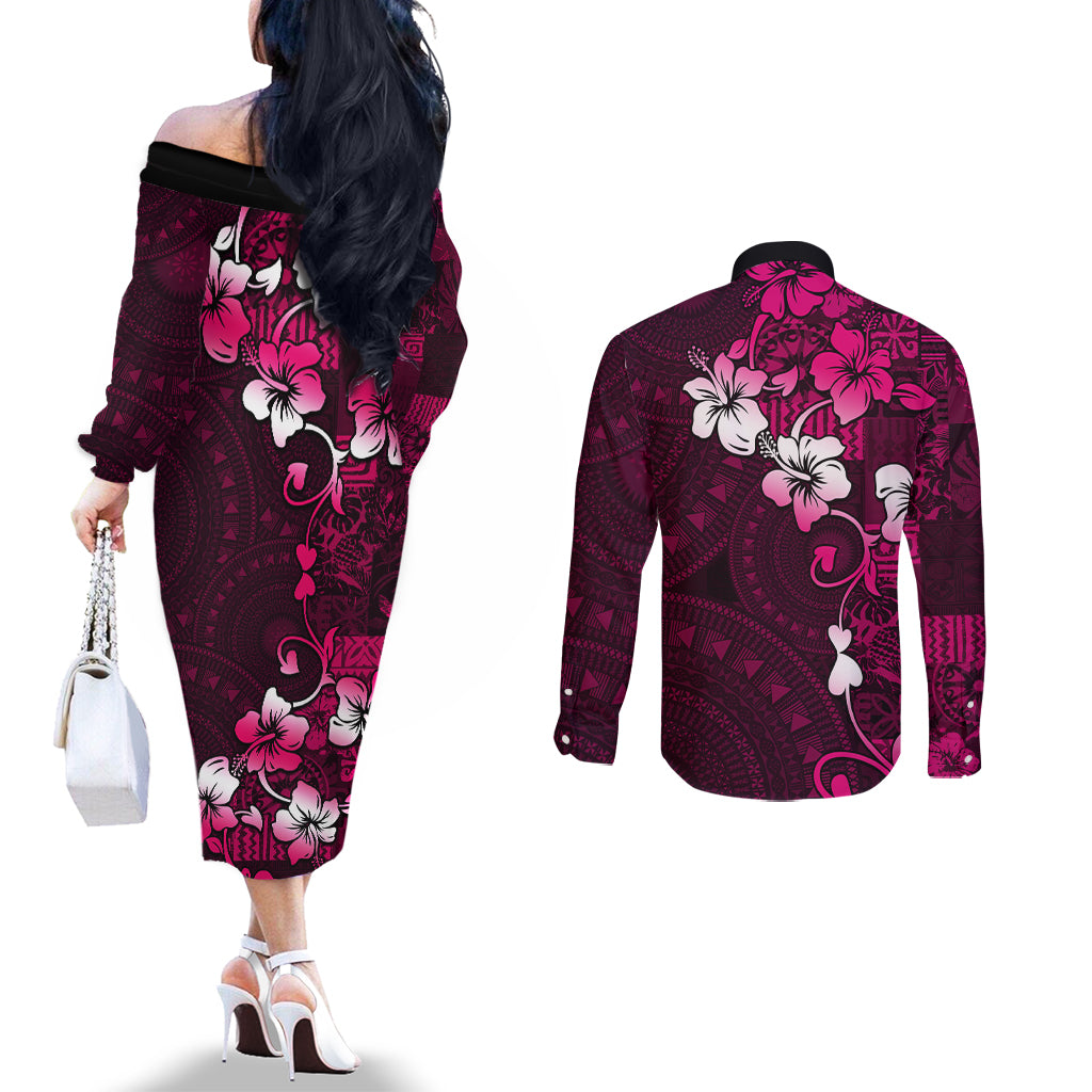 Fiji Masi Couples Matching Off The Shoulder Long Sleeve Dress and Long Sleeve Button Shirt Fijian Hibiscus Tapa Pink Version LT01 - Polynesian Pride