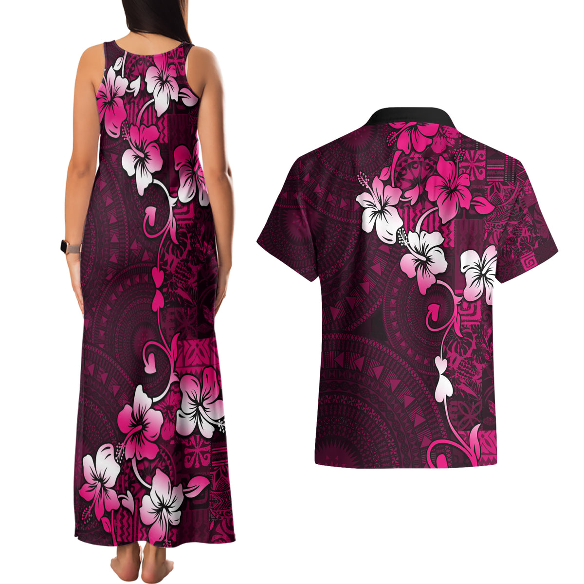 Fiji Masi Couples Matching Tank Maxi Dress and Hawaiian Shirt Fijian Hibiscus Tapa Pink Version LT01 - Polynesian Pride