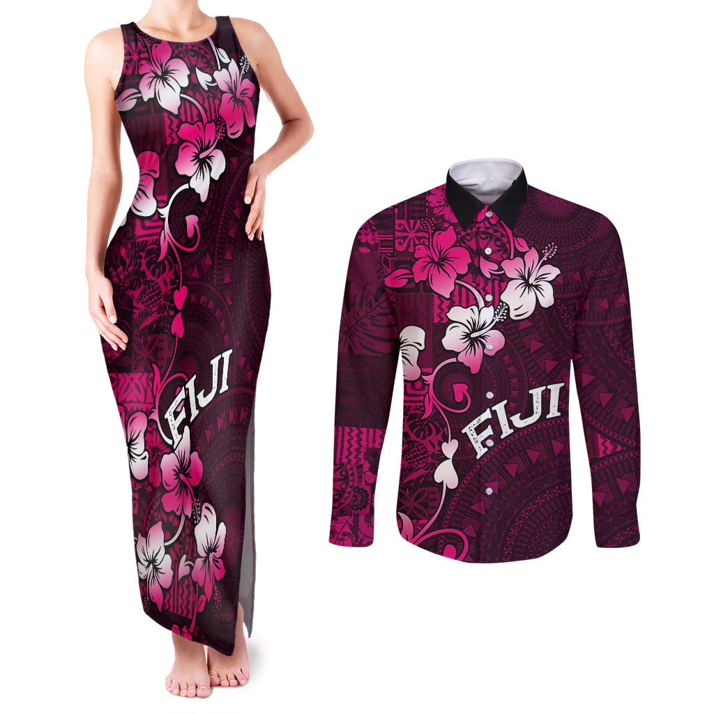 Fiji Masi Couples Matching Tank Maxi Dress and Long Sleeve Button Shirt Fijian Hibiscus Tapa Pink Version LT01 Pink - Polynesian Pride