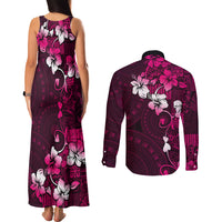 Fiji Masi Couples Matching Tank Maxi Dress and Long Sleeve Button Shirt Fijian Hibiscus Tapa Pink Version LT01 - Polynesian Pride