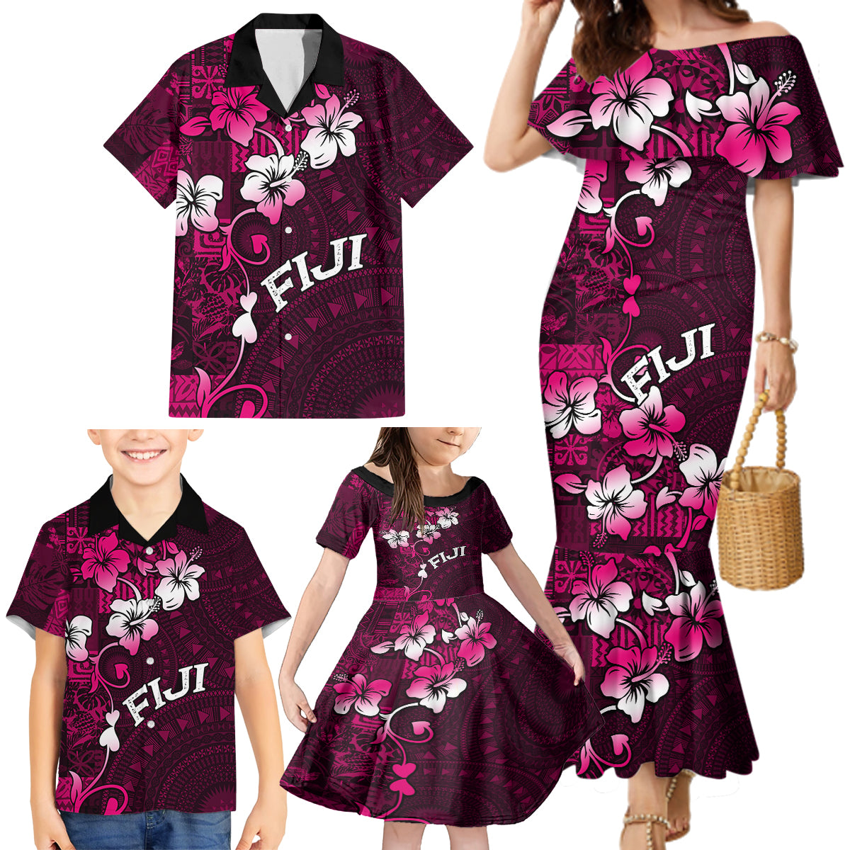 Fiji Masi Family Matching Mermaid Dress and Hawaiian Shirt Fijian Hibiscus Tapa Pink Version LT01 - Polynesian Pride