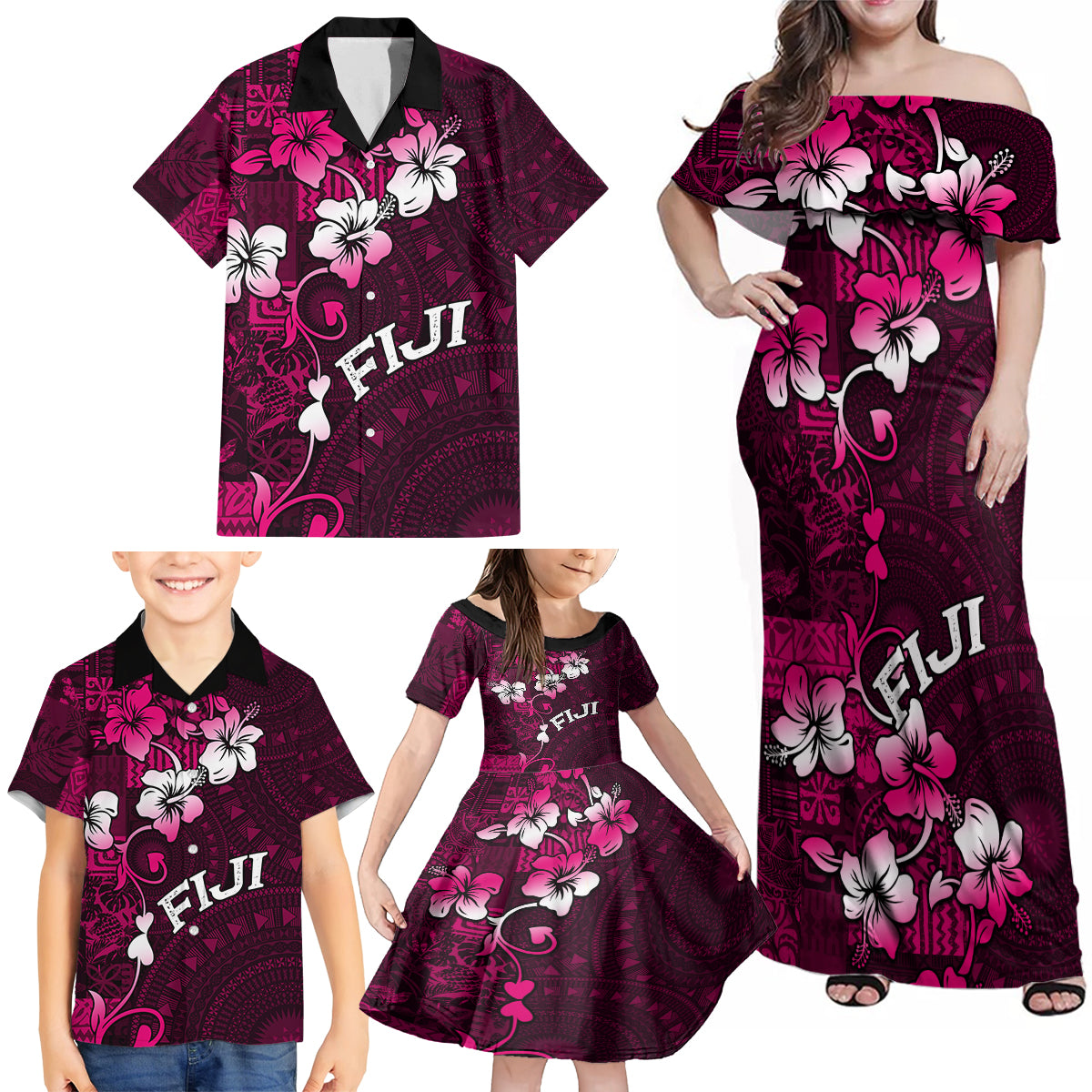 Fiji Masi Family Matching Off Shoulder Maxi Dress and Hawaiian Shirt Fijian Hibiscus Tapa Pink Version LT01 - Polynesian Pride