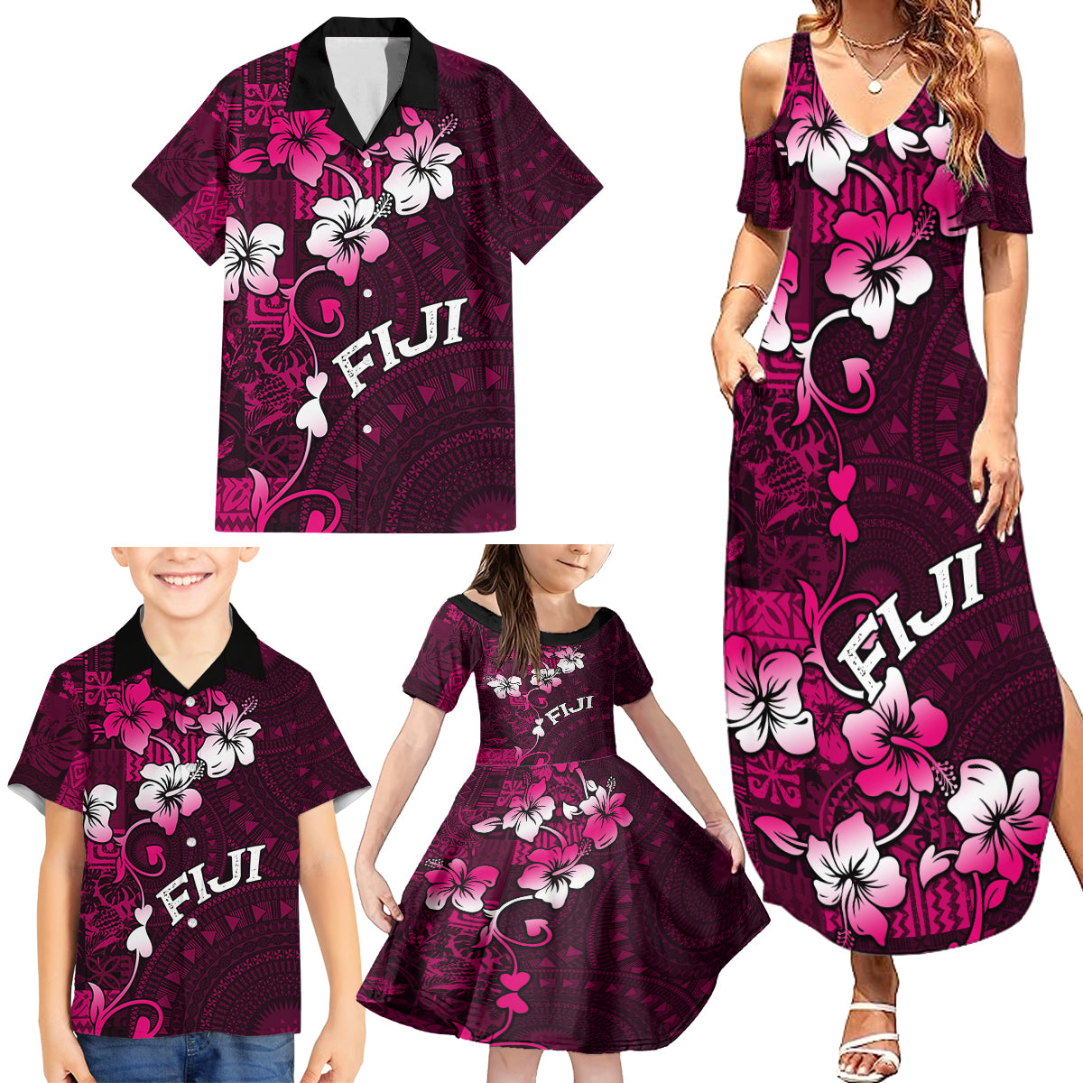 Fiji Masi Family Matching Summer Maxi Dress and Hawaiian Shirt Fijian Hibiscus Tapa Pink Version LT01 - Polynesian Pride