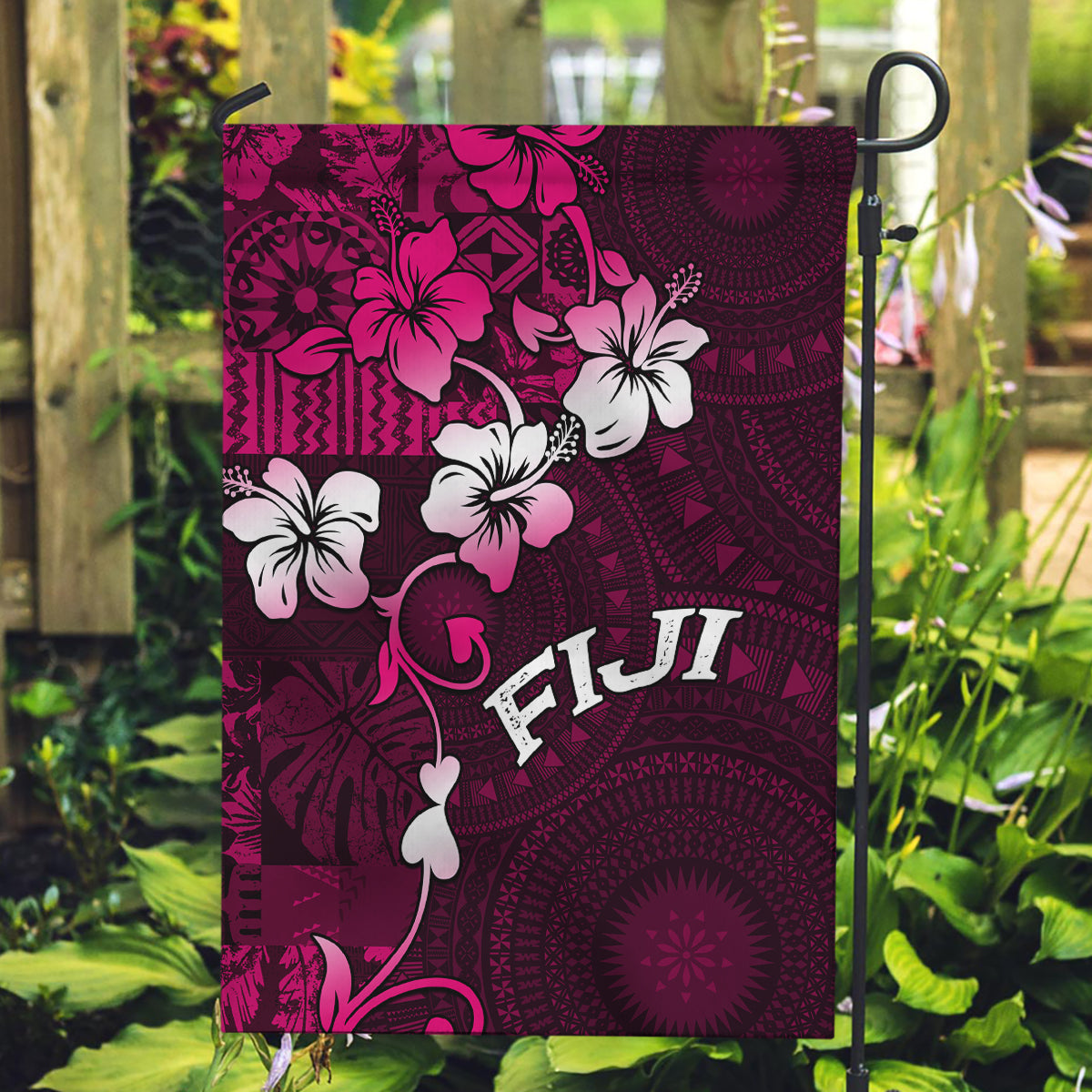 Fiji Masi Garden Flag Fijian Hibiscus Tapa Pink Version LT01 Garden Flag Pink - Polynesian Pride