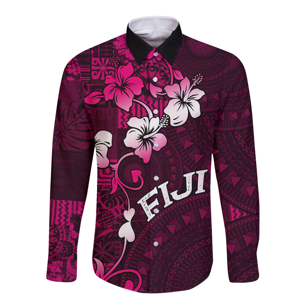Fiji Masi Long Sleeve Button Shirt Fijian Hibiscus Tapa Pink Version LT01 Unisex Pink - Polynesian Pride