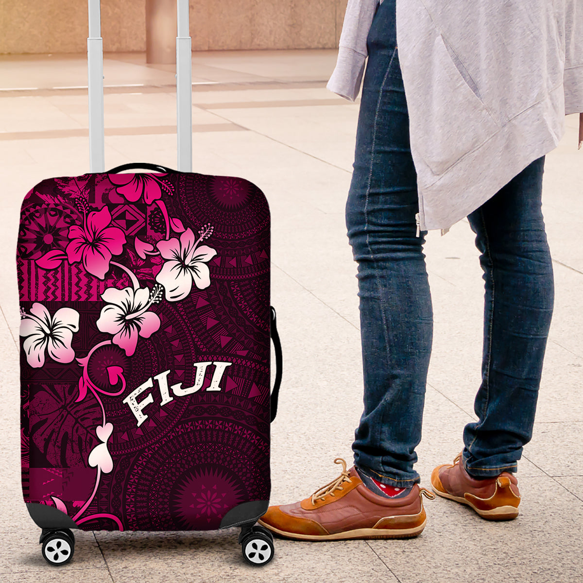 Fiji Masi Luggage Cover Fijian Hibiscus Tapa Pink Version LT01 Pink - Polynesian Pride