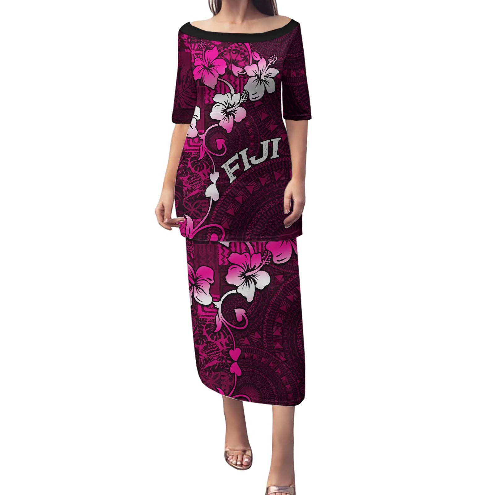 Fiji Masi Puletasi Fijian Hibiscus Tapa Pink Version LT01 Long Dress Pink - Polynesian Pride