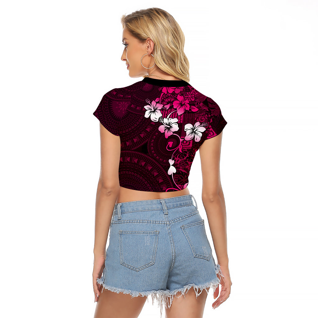 Fiji Masi Raglan Cropped T Shirt Fijian Hibiscus Tapa Pink Version LT01 - Polynesian Pride
