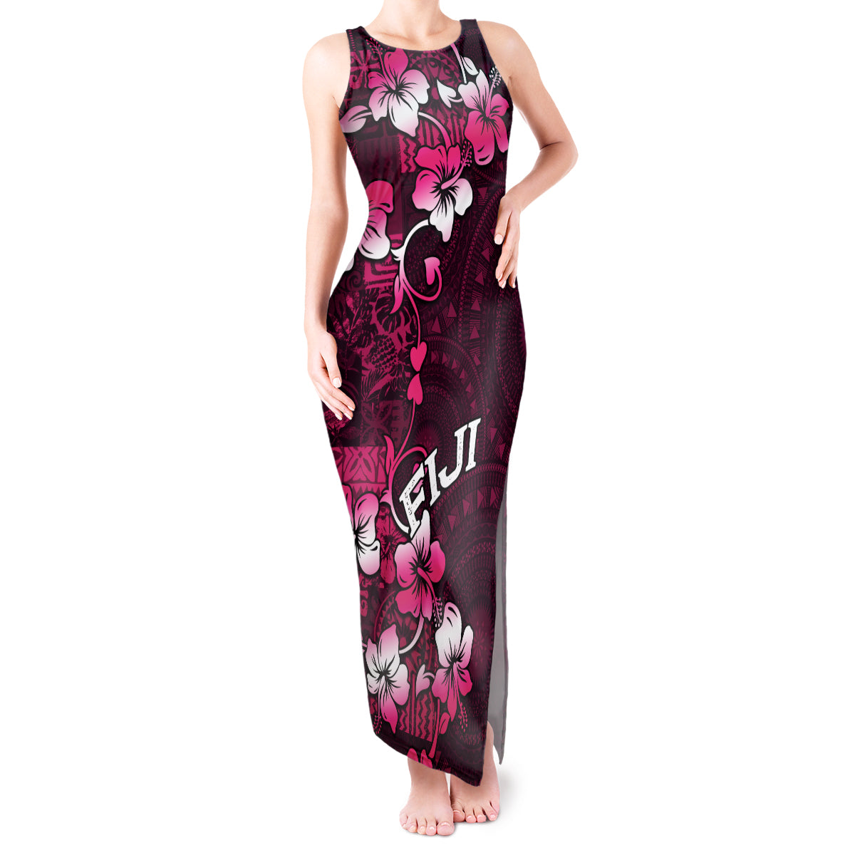 Fiji Masi Tank Maxi Dress Fijian Hibiscus Tapa Pink Version LT01 Women Pink - Polynesian Pride