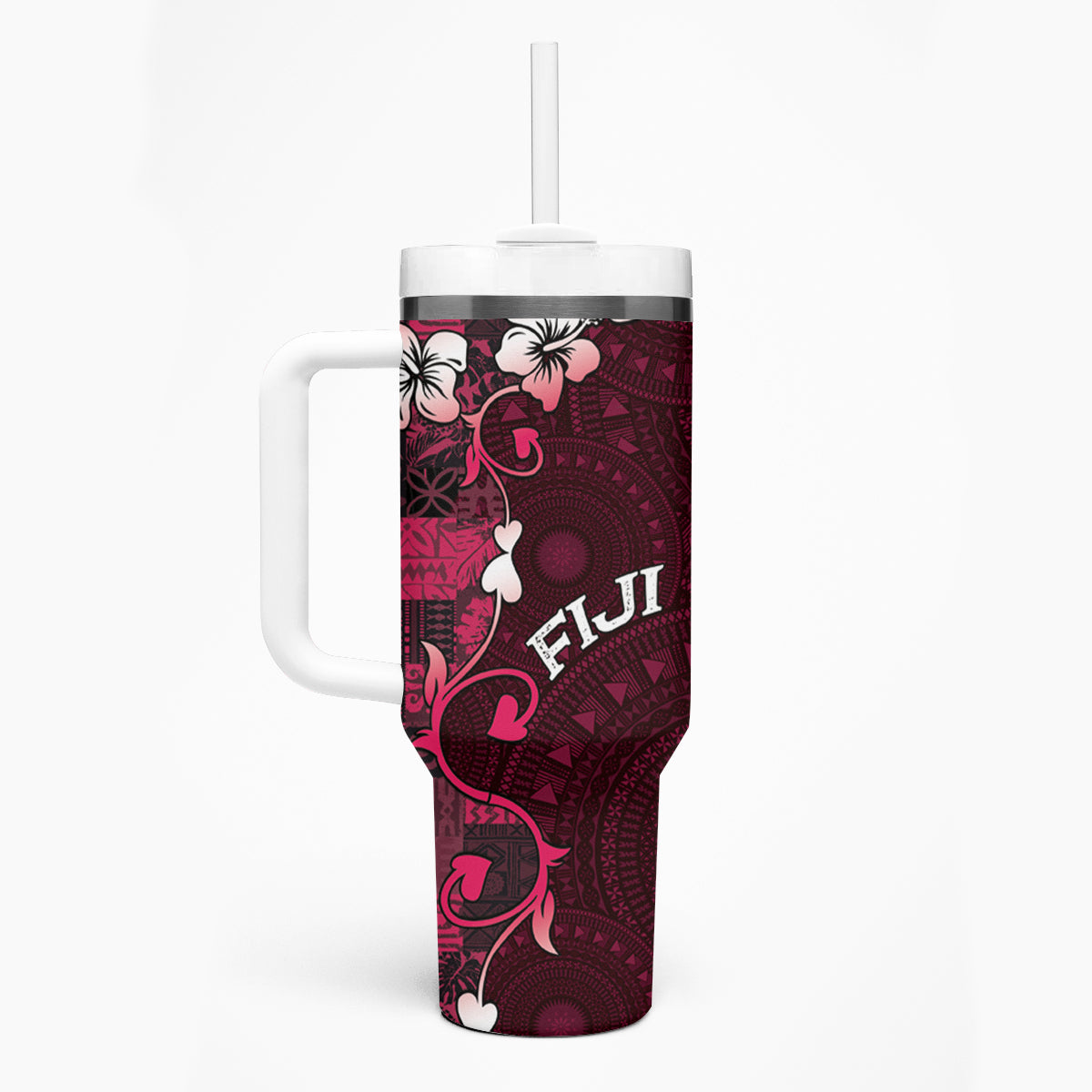 Fiji Masi Tumbler With Handle Fijian Hibiscus Tapa Pink Version