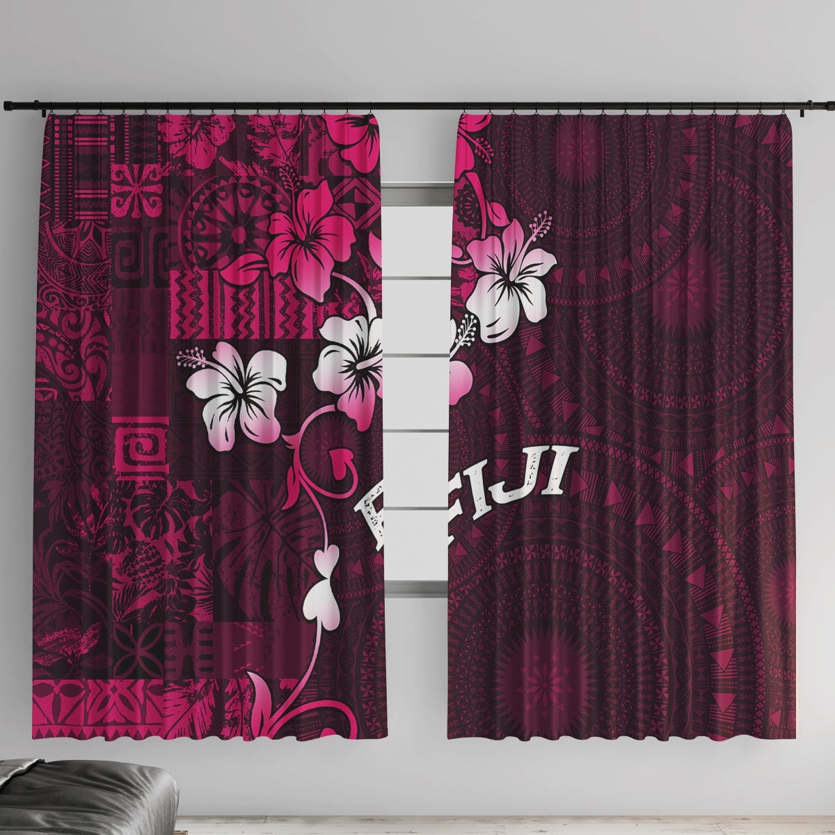 Fiji Masi Window Curtain Fijian Hibiscus Tapa Pink Version LT01 With Hooks Pink - Polynesian Pride