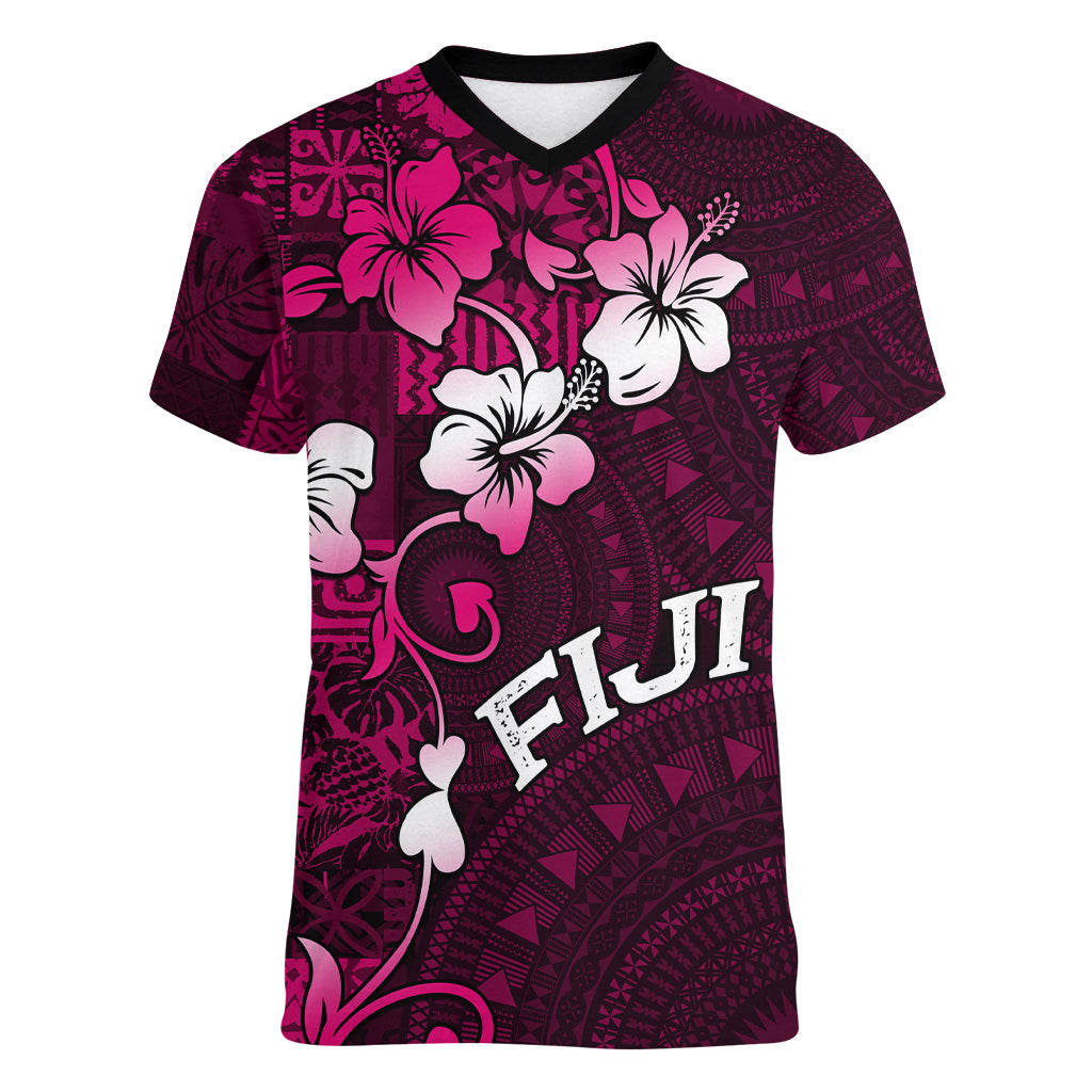 Fiji Masi Women V Neck T Shirt Fijian Hibiscus Tapa Pink Version LT01 Female Pink - Polynesian Pride
