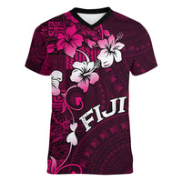 Fiji Masi Women V Neck T Shirt Fijian Hibiscus Tapa Pink Version LT01 Female Pink - Polynesian Pride