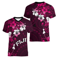 Fiji Masi Women V Neck T Shirt Fijian Hibiscus Tapa Pink Version LT01 - Polynesian Pride