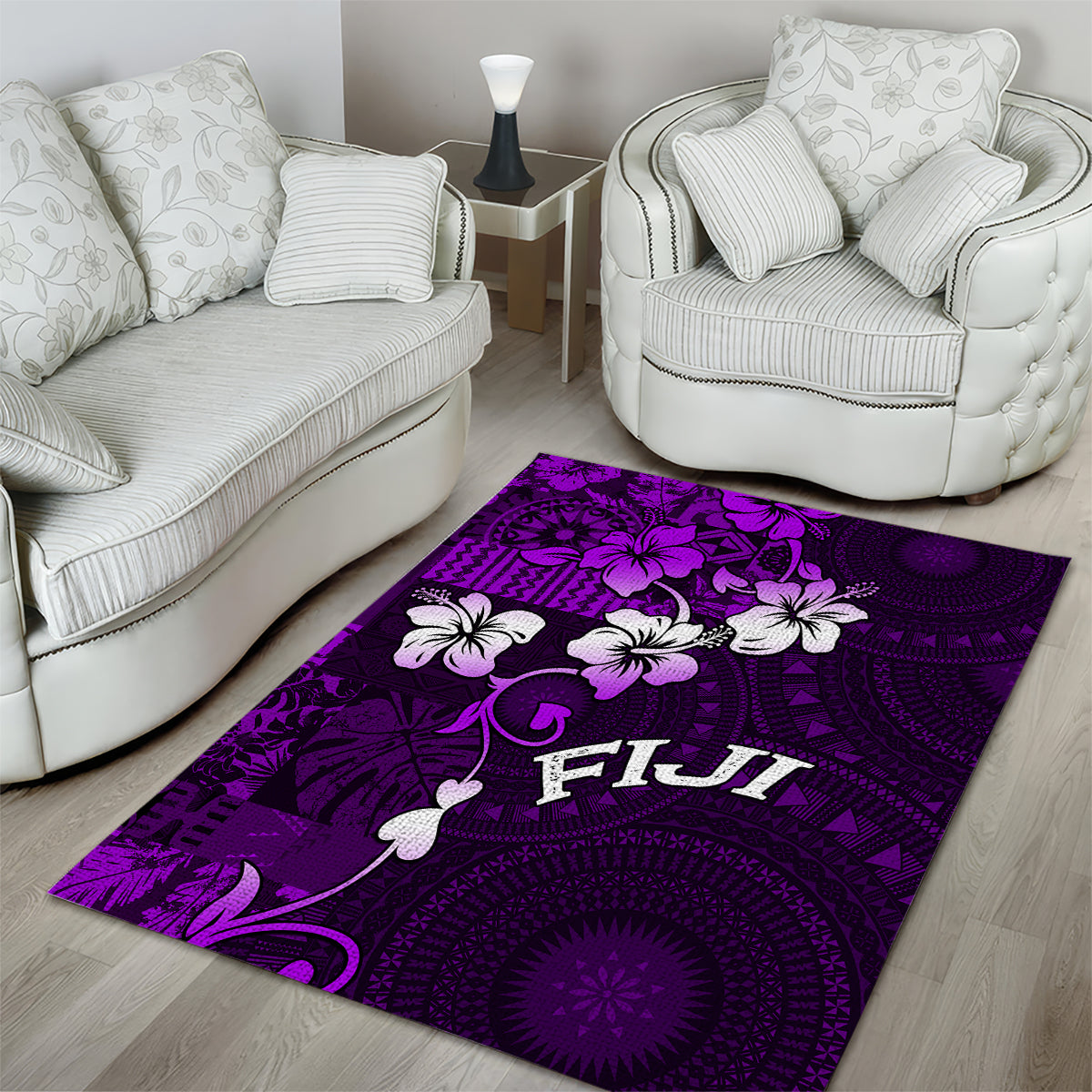 Fiji Masi Area Rug Fijian Hibiscus Tapa Purple Version LT01 - Polynesian Pride