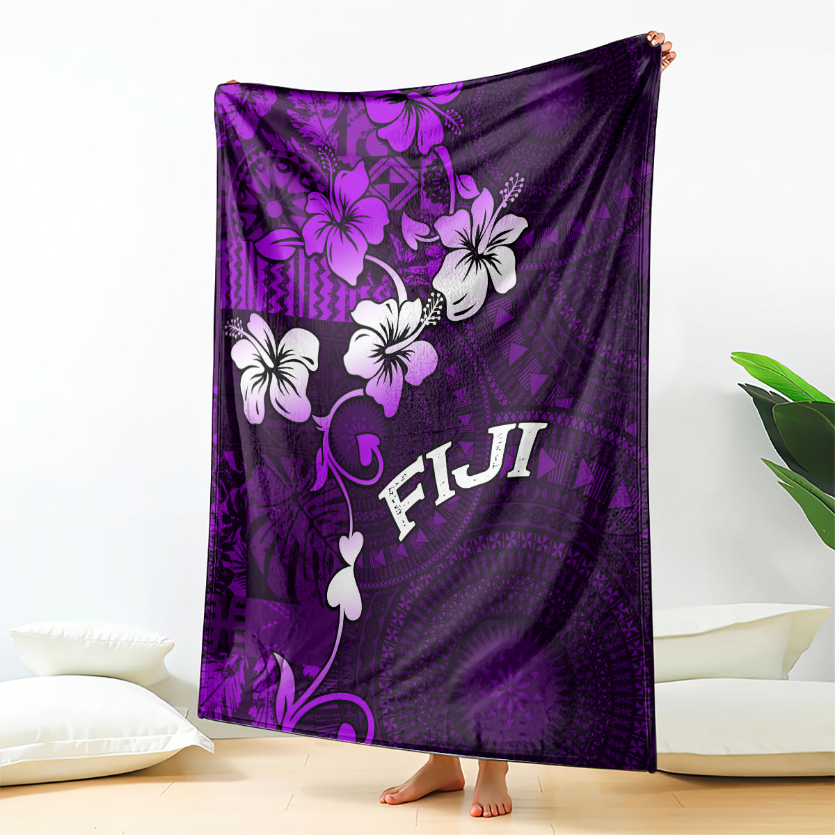 Fiji Masi Blanket Fijian Hibiscus Tapa Purple Version LT01 Purple - Polynesian Pride