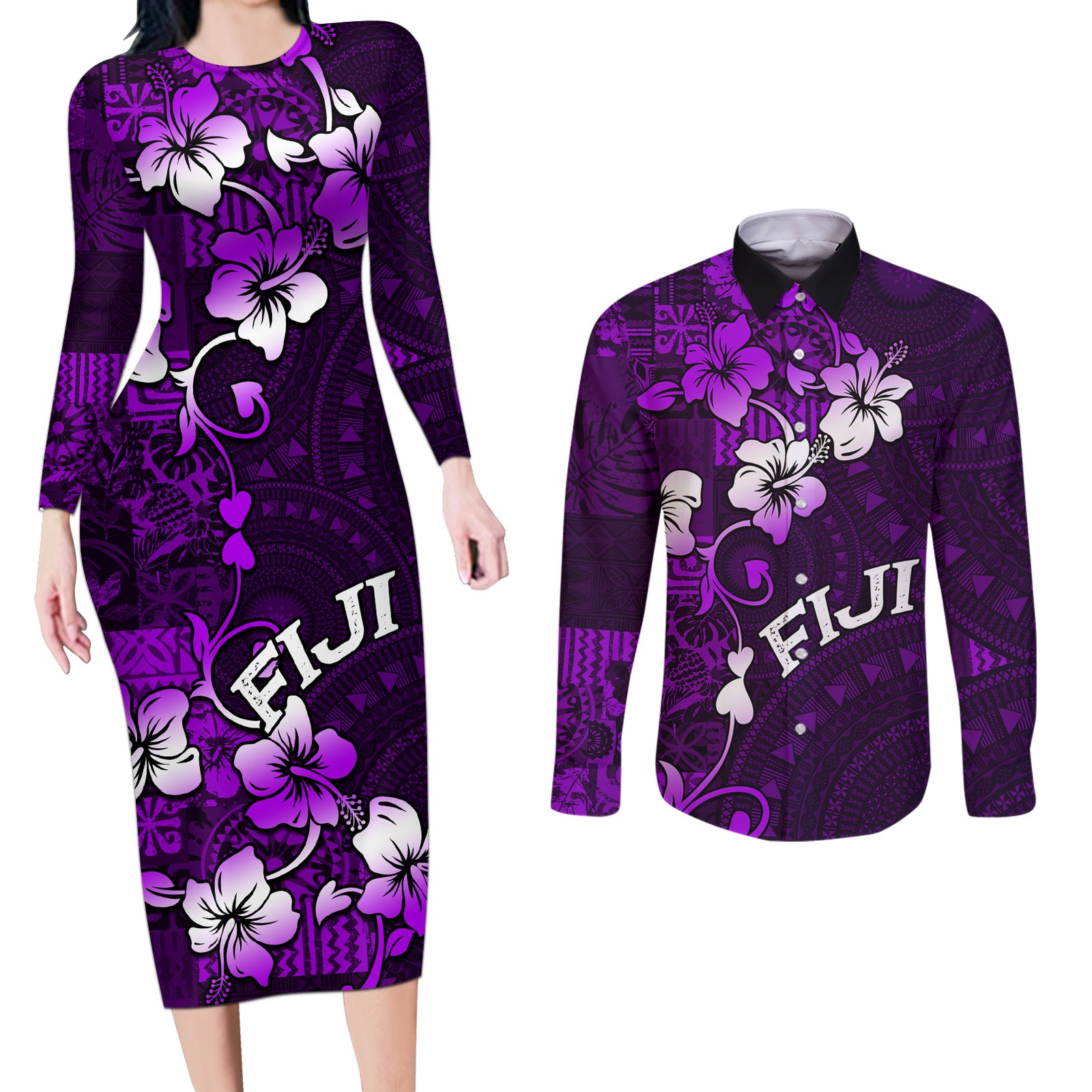 Fiji Masi Couples Matching Long Sleeve Bodycon Dress and Long Sleeve Button Shirt Fijian Hibiscus Tapa Purple Version LT01 Purple - Polynesian Pride