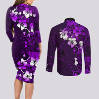 Fiji Masi Couples Matching Long Sleeve Bodycon Dress and Long Sleeve Button Shirt Fijian Hibiscus Tapa Purple Version LT01 - Polynesian Pride