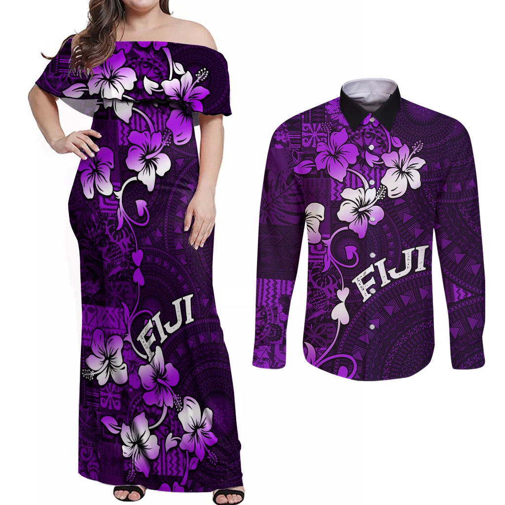 Fiji Masi Couples Matching Off Shoulder Maxi Dress and Long Sleeve Button Shirt Fijian Hibiscus Tapa Purple Version LT01 Purple - Polynesian Pride