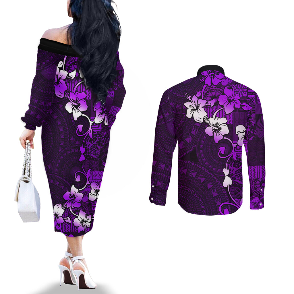 Fiji Masi Couples Matching Off The Shoulder Long Sleeve Dress and Long Sleeve Button Shirt Fijian Hibiscus Tapa Purple Version LT01 - Polynesian Pride