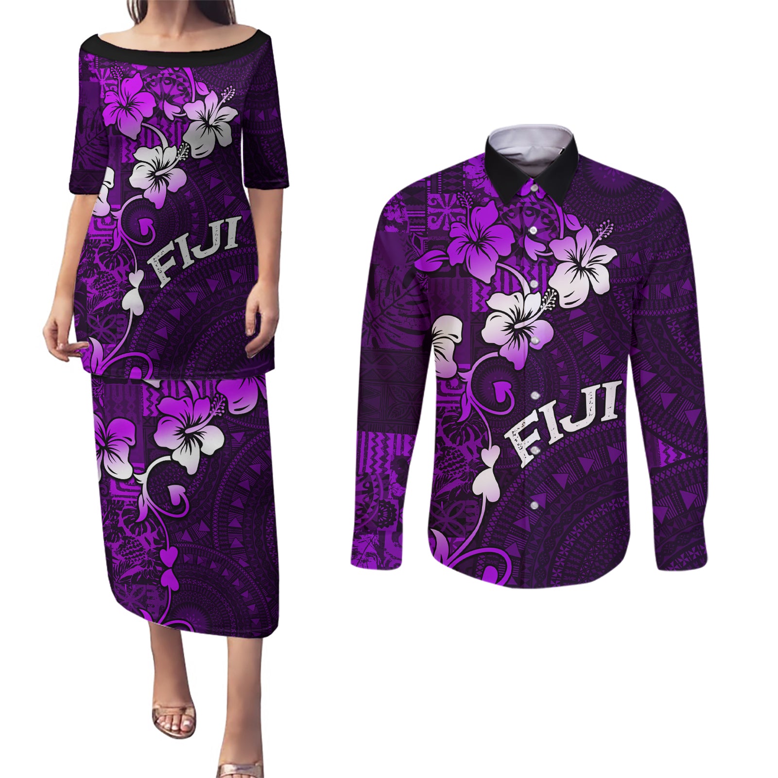 Fiji Masi Couples Matching Puletasi Dress and Long Sleeve Button Shirt Fijian Hibiscus Tapa Purple Version LT01 Purple - Polynesian Pride