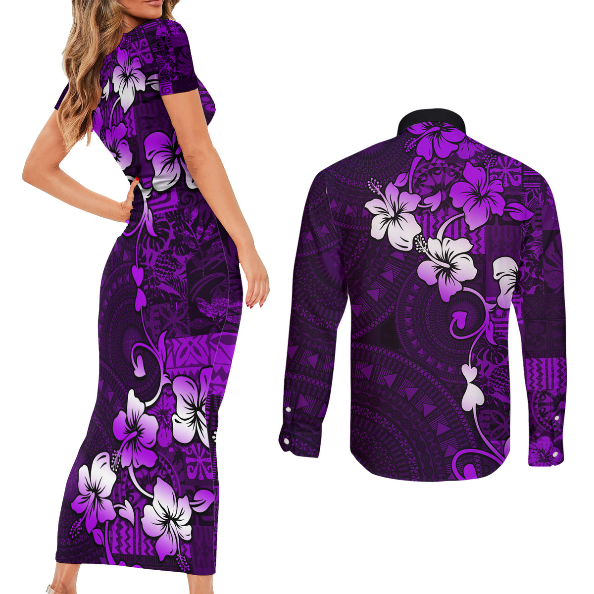 Fiji Masi Couples Matching Short Sleeve Bodycon Dress and Long Sleeve Button Shirt Fijian Hibiscus Tapa Purple Version LT01 - Polynesian Pride